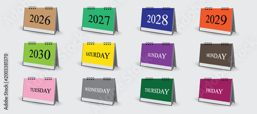 Desk calendar design set for 2026-2030 years and days of the week, vector illustration template