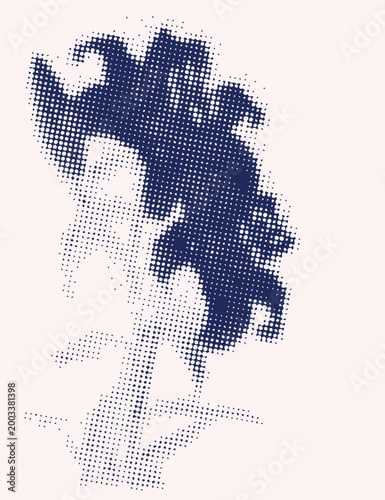 Indigo halftone floral silhouette with dotted texture, abstract botanical background in minimalist vintage style