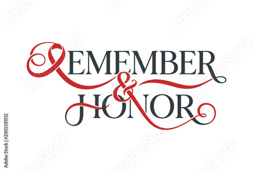 Remember and honor logo with red ribbons on white background