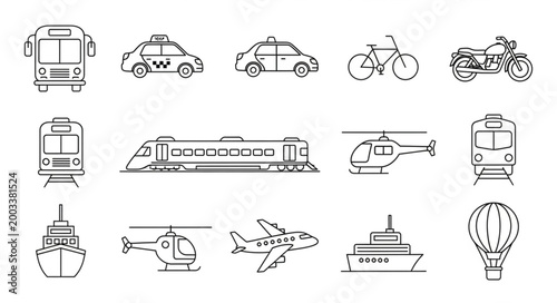 Collection of hand drawn transportation vehicles and modes of travel.