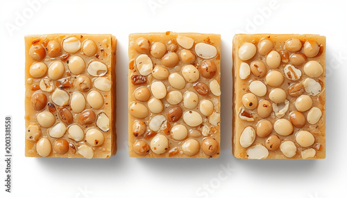 Macadamia Nut Caramel Bars Isolated on White Background — Sweet Gourmet Snack Concept Representing Crunchy Dessert and Confectionery