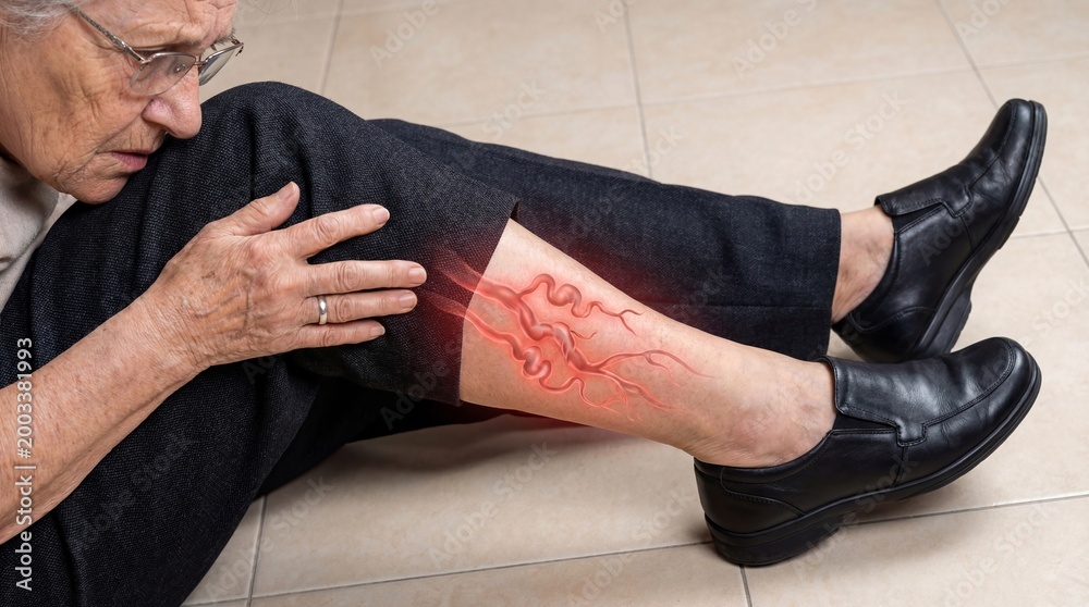 Fototapeta premium Elderly woman feeling pain in painful leg with visible varicose veins. Medical concept of vascular health and circulation problem. Suffering senior patient touching swollen vein on calf.