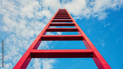 A red ladder stretches upward toward a partly cloudy blue sky, symbolizing progress and aspiration.