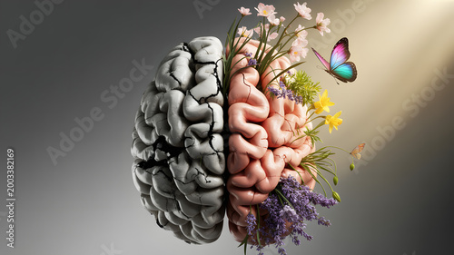 Brain of the Mind: The image shows the two halves of the brain with different states, the left side of the brain in dark and a flower growing with butterfly in right.