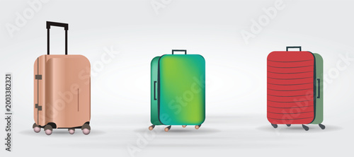 Set of 3d isometric travel suitcases with spinner wheels - modern luggage icons for vacation and tourism design, vector illustration template