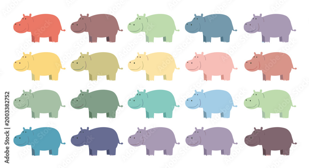 Fototapeta premium Grid of small hippopotamus illustrations in various pastel and earthy colors on a white background for color palette and animal themes.