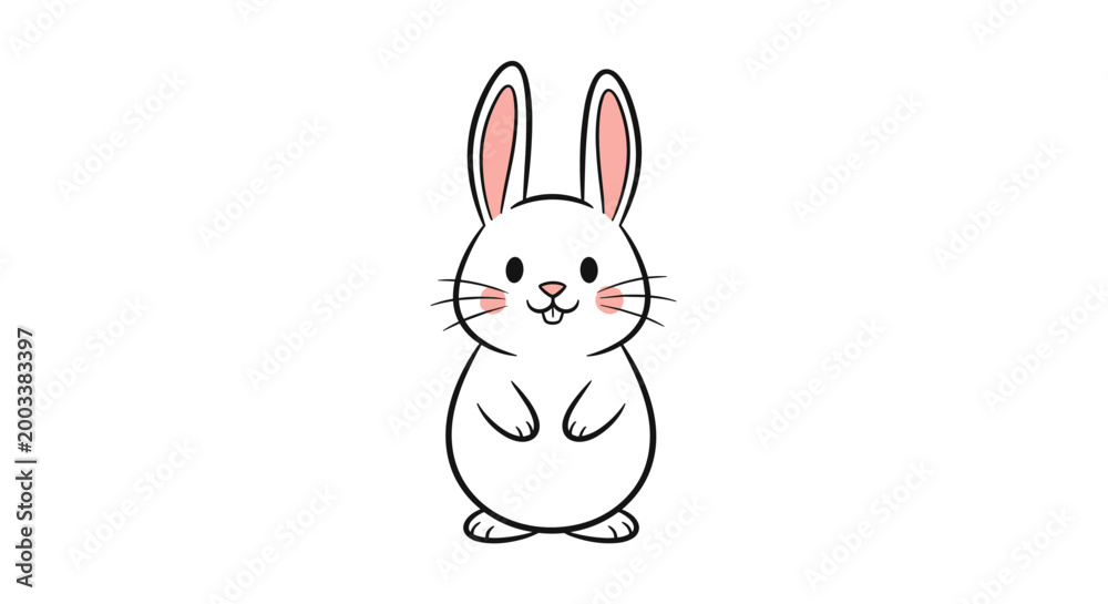 Obraz premium Adorable white rabbit with long pink ears and rosy cheeks stands alert with its paws tucked in against a clean white background.