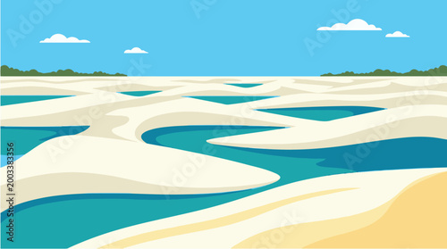 Stylized landscape illustration of sandy dunes with winding water channels under a clear blue sky, representing a coastal or desert environment.