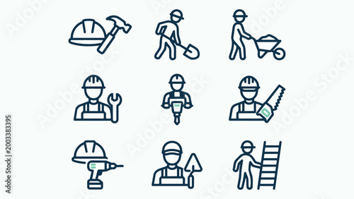 Construction Workers and Tools Line Icons Set