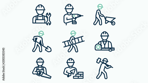 Line Art Icons of Construction Workers and Building Tools