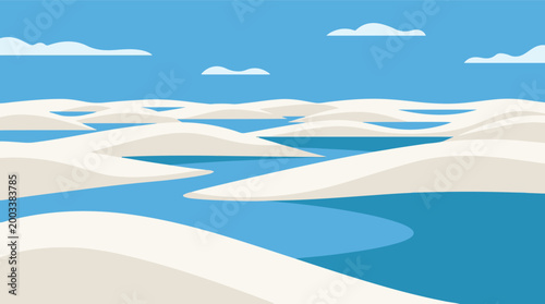Minimalist landscape illustration of sand dunes with winding water channels beneath a clear sky, evoking a serene desert or coastal environment.