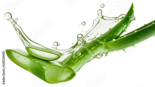Fresh aloe vera leaves with water splash, isolated on white background