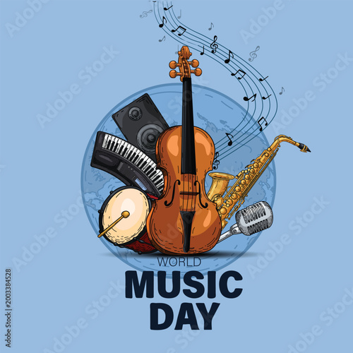 happy world music day event and musical instruments with light background. abstract vector illustration design
