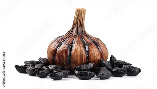Black Garlic Bulb and Cloves Isolated on White Background — Fermented Gourmet Ingredient Representing Unique Culinary Flavor