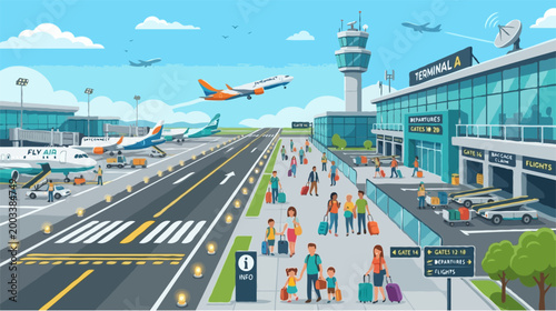 Busy Modern Airport Terminal with Airplanes Taking Off and Passengers