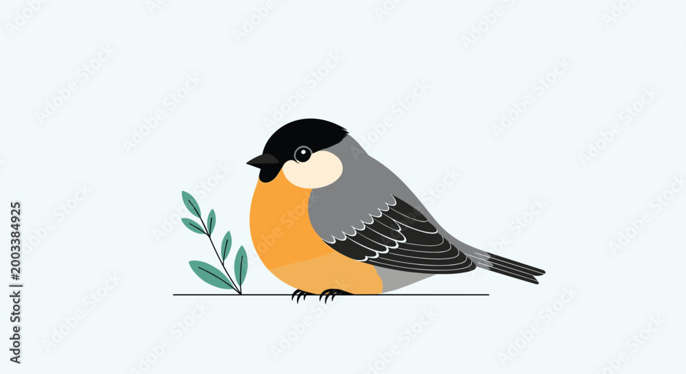 Fototapeta premium Cute illustration of a small round bird with a black head an orange belly and grey wings perched on a thin branch with green leaves on blue.