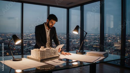  A South Asian male architect reviews a large 3D-printed building model on a glass table in a sleek, modern office floor-to-ceiling windows reveal a city skyline at twilight. Cool ambient lighting con