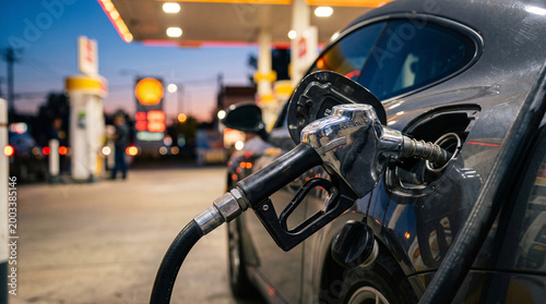 Shiny chrome fuel gasoline nozzle inserted into car's gas tank, in a gasoline refill station