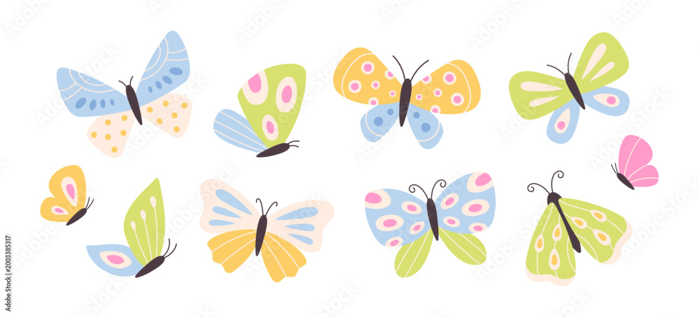 Fototapeta premium Cute butterflies collection. Perfect for kids design, planners, notebooks, prints, stickers, scrapbooking, educational materials. Flat vector illustration