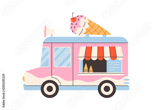 Cute ice cream truck. Colorful street food van. Summer treats. Perfect for posters, stickers, kids products and summer designs. Flat vector illustration