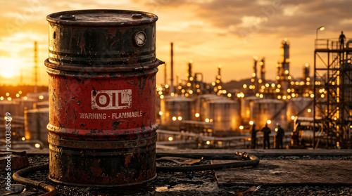 Weathered red black industrial oil drum before oil storage refinery facility at sunset