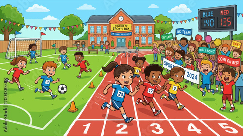 Diverse Group of Children Competing in a School Sports Day Event