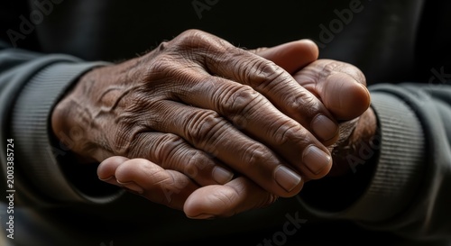 Elderly male hands with wrinkled skin rub palms together slowly in morning light.