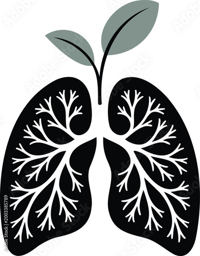Lungs with bronchial tree and green leaves coming out of trachea  human respiratory system