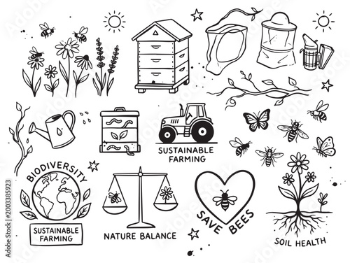 Beekeeping Sketch Collection – Apiary, Honeycomb, Bees Illustration