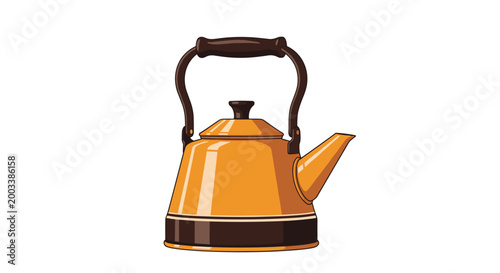 Traditional orange tea kettle with a black handle and base showing realistic light reflections isolated on a white background.