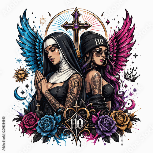 Gothic dark fantasy illustration of two mystical nuns with celestial wings, ornate cross, and floral accents, mystical occult vector art