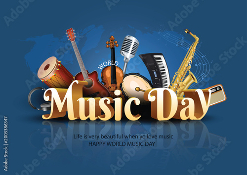happy world music day event and musical instruments with light background. abstract vector illustration design