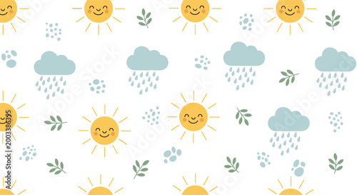 Cheerful weather seamless pattern showing happy yellow suns, blue rain clouds, and green leaves on a bright white background.