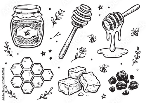 Hand Drawn Beekeeping Icons Set – Honey, Bees, Hive, Tools