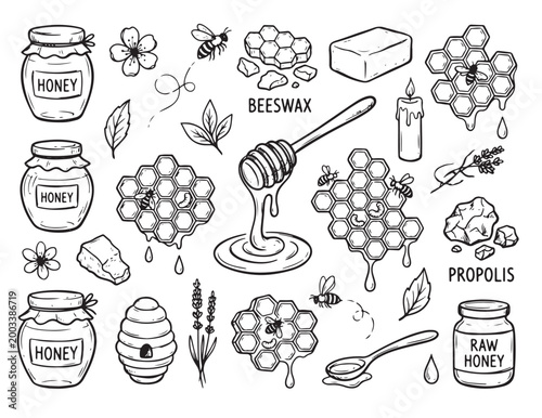 Beekeeping Sketch Collection – Apiary, Honeycomb, Bees Illustration