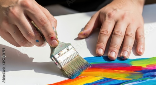 Hands brushing vibrant paint onto blank canvas with colorful strokes and artistic motion.