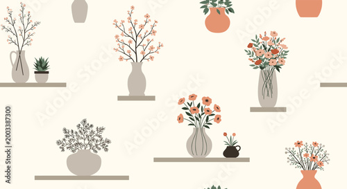 Elegant seamless pattern of various ceramic vases with blooming flowers and green plants arranged on wooden shelves for interior decor.