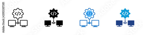 Network Dev Environment Multiple Style Icon Design Vector - Gear connected to two monitors representing networked development setup, multi device programming, and distributed coding infrastructure
