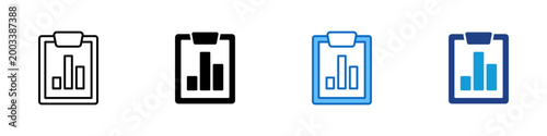 Performance Metrics Clipboard Multiple Style Icon Design Vector - Clipboard with bar chart representing KPI tracking, business performance reporting, and structured metrics documentation