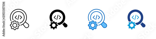 Code Review Search Multiple Style Icon Design Vector - Magnifying glass and gear with code brackets representing code inspection, debugging analysis, and software quality review