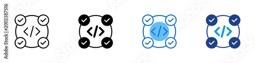 Code Validation Checklist Multiple Style Icon Design Vector - Code brackets surrounded checkmark representing multi point code validation, software testing approval, and quality assurance verification