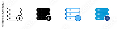 Database Expansion Multiple Style Icon Design Vector - Server stack with plus button representing database capacity expansion, storage scaling, and new server provisioning in infrastructure management