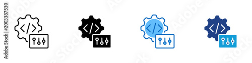 Developer Parameter Settings Multiple Style Icon Design Vector - Gear beside panel with sliders representing developer configuration, code parameter tuning, and advanced software settings adjustment