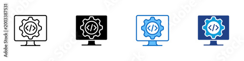 Development Environment Multiple Style Icon Design Vector - Monitor with gear and code brackets representing software development setup, IDE configuration, and programming environment management