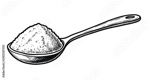 Hand drawn sketch of a metal spoon filled with a small heap of white granulated powder like sugar or salt on a plain background.