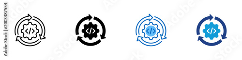 DevOps Cycle Multiple Style Icon Design Vector - Circular arrows surrounding a gear with code brackets representing continuous integration, agile development loop, and automated software update cycle