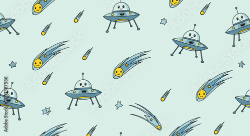 Cheerful seamless pattern of blue cartoon ufo spaceships and smiling yellow comets flying across a light green cosmic background.