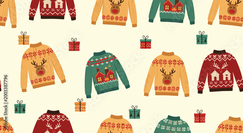 Festive seamless pattern showcasing various christmas sweaters and colorful gift boxes for winter holiday celebrations.