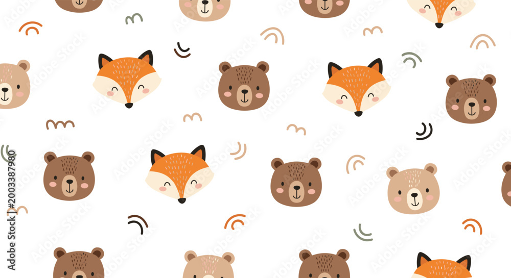 Obraz premium Charming seamless pattern of cute baby fox and bear faces with small abstract elements on a white background.