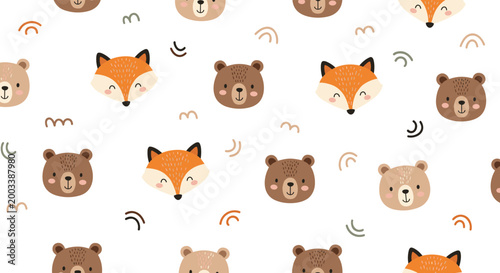 Charming seamless pattern of cute baby fox and bear faces with small abstract elements on a white background.